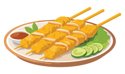 Chicken Satay with Cucumber and Sauce  - Vector Illustration