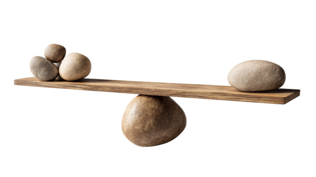 Balancing stones on wooden plank creates a serene display of harmony