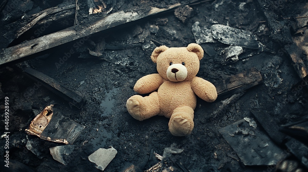 Poster lost teddy bear sitting among the ashes in the charred remains of a house after a devastating fire, 