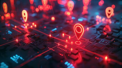 Bright, glowing location pins on circuit board design