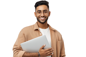 Smiling Young Indian Man Holding Laptop