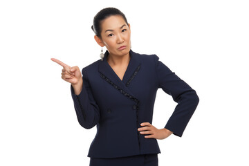 Skeptical Asian Businesswoman Pointing Left with Hand on Hip