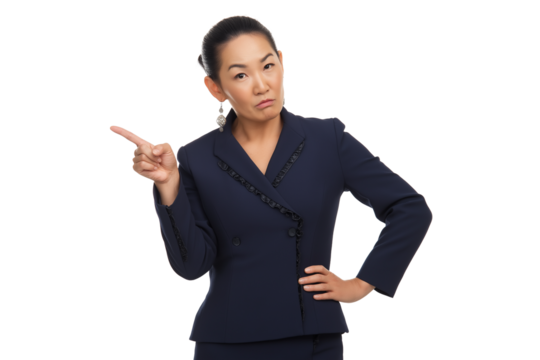 Skeptical Asian Businesswoman Pointing Left with Hand on Hip