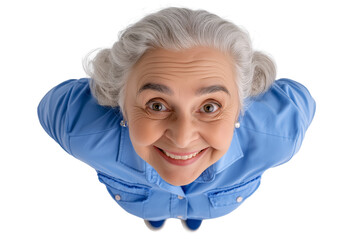 Smiling Senior Woman Looking Up at Camera from Low Angle