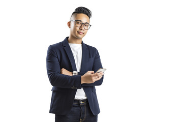 Stylish Asian businessman in glasses with Smartphone and Arms Crossed