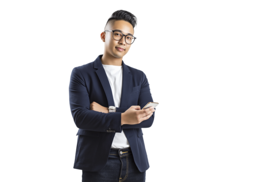 Stylish Asian businessman in glasses with Smartphone and Arms Crossed