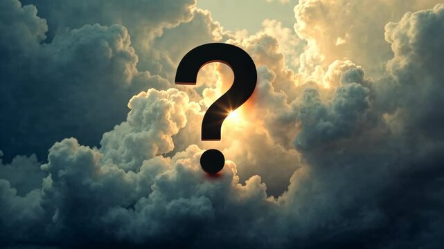 Large black question mark shape centered in dense storm clouds with glowing light, symbolizing mystery, doubt, or uncertainty concept