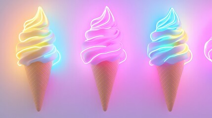 colorful neon signs of ice cream cones on pastel background, modern wall decor illustration