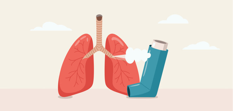 Illustration of lungs and an inhaler, asthma treatment concept
