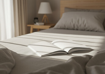 Fototapeta premium Cozy bedroom interior design with book on bed and soft natural light