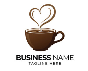 Coffee cup with heart-shaped steam logo design on white background for cafe or coffee shop branding.