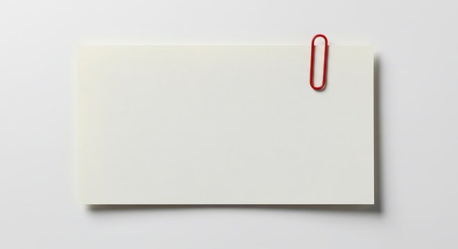 A simple white notecard secured by a vibrant red paperclip against a clean white background offers a minimalist yet striking visual