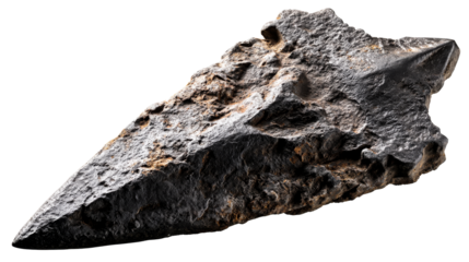 Ancient stone arrowhead displayed on a transparent background