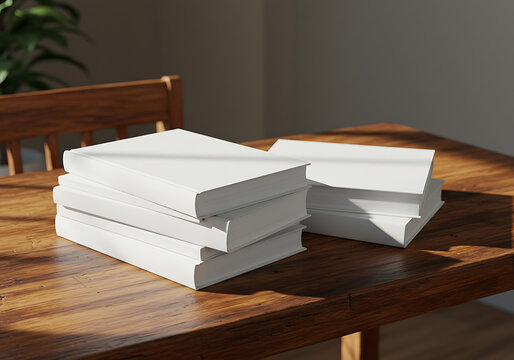White books stacked on wooden table mockup for book cover design idea