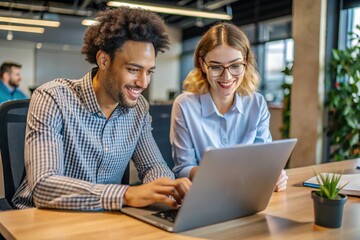 Vertical photo of two happy busy diverse professional male coworkers software engineers team discussing project together working in teamwork talking sitting at work desk with laptop computers. See Les