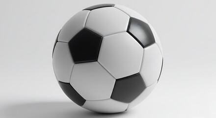Naklejka premium A perfectly rendered 3D model of a classic black and white soccer ball rests on a minimalist white background ready for the big game. Ideal for sports graphics or website design.