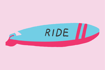 Colorful Surfboard Illustration with the Word 'RIDE' Written on It editable vector