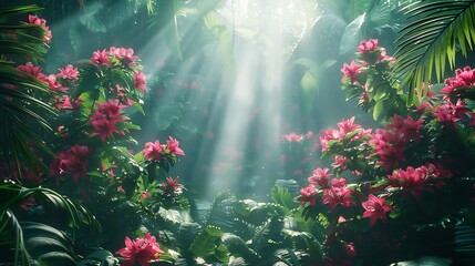 Rainforest background dense layered vegetation and vibrant tropical blooms clear shafts of light creating a dynamic multi dimensional natural vista