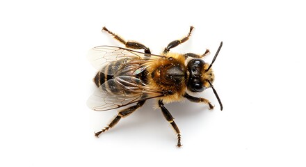 A detailed dorsal view of a honeybee showcasing its intricate body structure and delicate wings against a pure white background 