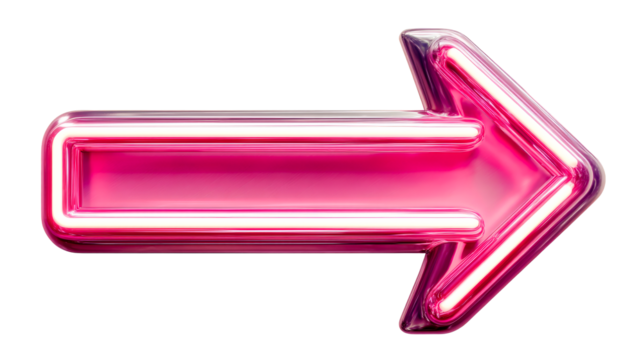 Bright pink neon arrow pointing right with a transparent background