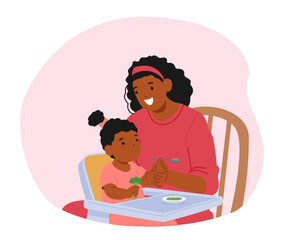 Mom teaching little toddler daughter to eat solid meal at table isolated on white background