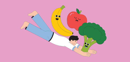 Fototapeta premium Man floating with a banana, apple, and broccoli, representing healthy food choices 