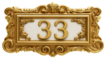 Elegant golden frame with the number 33 on a transparent background