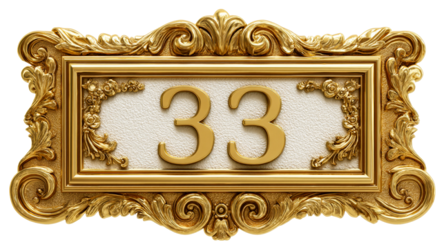Elegant golden frame with the number 33 on a transparent background
