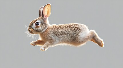 A light brown rabbit with long ears running in the air on a plain grey background in a studio shot