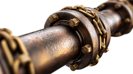 Detailed view of a metal pipe secured with chains and bolts