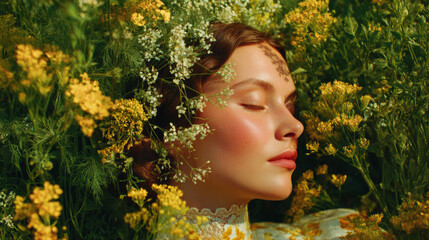 Slow beauty and digital detox concept with a woman experiencing a quiet, meditative moment in nature, representing a mindful escape and the calming, therapeutic benefits of plant based wellness
