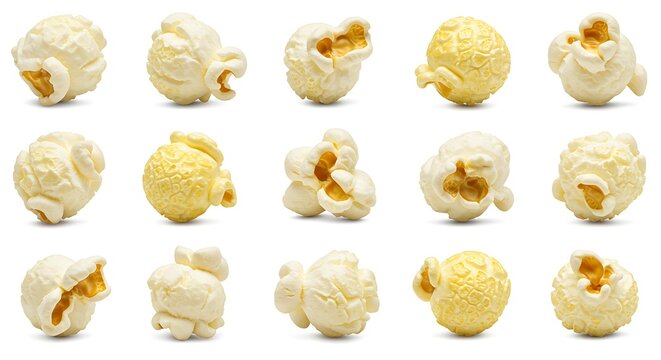 Fifteen delectable buttery popcorn kernels in various positions against a pure white background offer a unique texture and visual appeal 