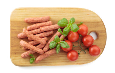 Sausages with basil and tomatoes isolated on a white background.