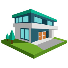 Modern Home Architecture: A clean, modern illustration of a two-story house with a flat roof, featuring large windows, a garage, and a small green lawn.