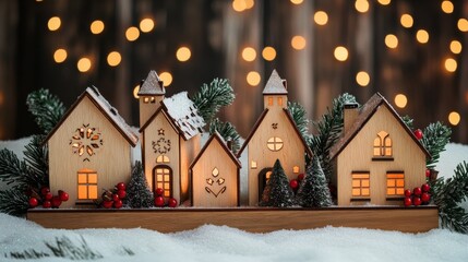 Obraz premium Snowy wooden village with festive holly and berries illuminated by soft lanterns, village, holly, evergreen illustration