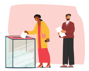 Fototapeta premium Happy woman putting voting ballot into election box, uncertain worried man holding questionnaire