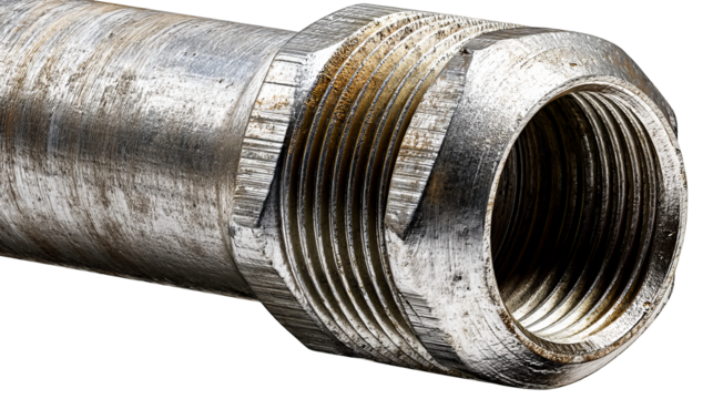 Metal pipe fitting with threaded ends on a transparent background