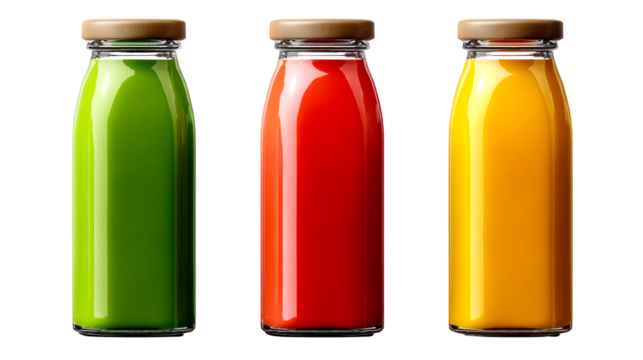 Colorful juice bottles lined up on transparent background