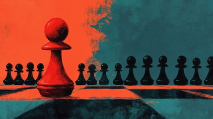 A bright red chess pawn standing out boldly against a row of black pawns, representing a unique approach and thinking differently illustration
