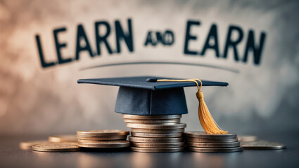 Motivation for academic achievement through learning and earning with graduation cap on coins in educational setting