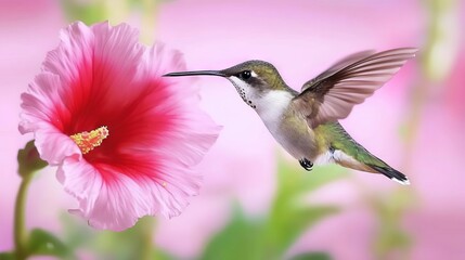 Fototapeta premium Colorful Hummingbird Hovering Near Vibrant Flower During Sunny Daytime in a Lush Garden, Showcasing Nature's Beauty and Delicate Balance of Wildlife