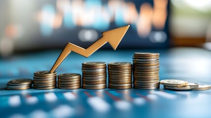 Financial Growth with Stacked Coins and Upward Arrow, Stacks of coins arranged in ascending order with an upward arrow symbolizing financial growth