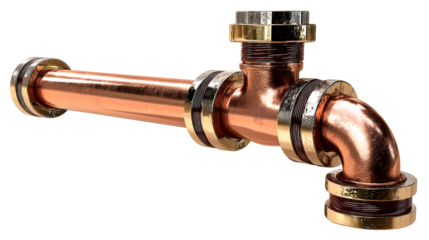 Copper plumbing pipe fitting with transparent background for design