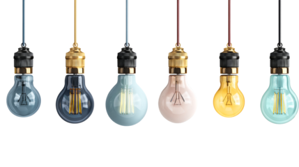 Colorful hanging light bulbs with transparent design elements