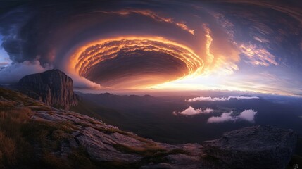 Dramatic view of a mountain landscape with a striking circular cloud formation during sunset light
