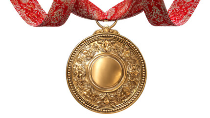 Gold medal with ornate design and red ribbon on transparent background