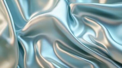 Obraz premium 3D render beautiful folds of light shiny silk, like foil or metallic surface in full screen. Beautiful clean fabric background. Simple soft background with smooth folds and blue green color gradient 