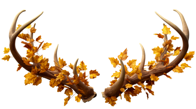 Stag antlers adorned with autumn leaves on a transparent background
