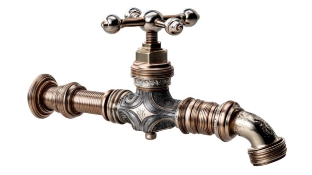 Vintage brass faucet with intricate design, clear background