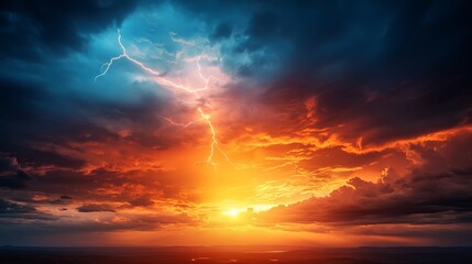 Obraz premium Dramatic lightning strikes across a vibrant sunset sky with dark clouds and a bright horizon line